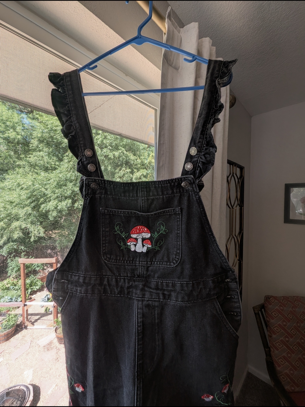 Source Unknown Black Denim Mushroom Embroidered Overalls